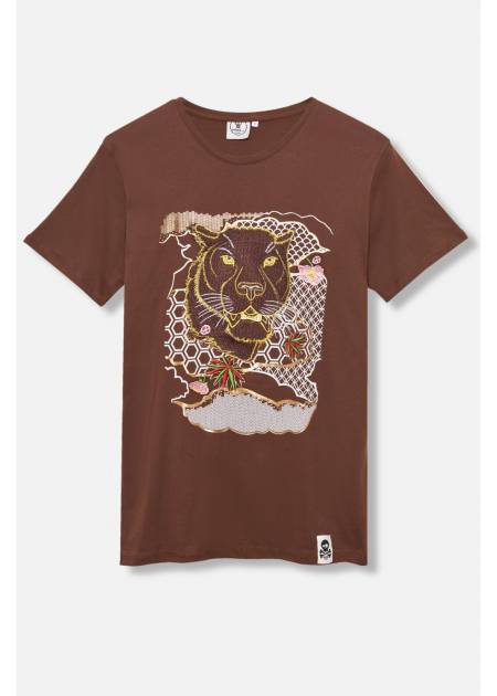 ADULT´S EMBROIDERED T-SHIRT UMAMI LINE BROWN PANTHER