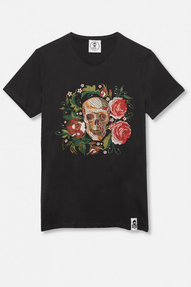 ADULT´S EMBROIDERED T-SHIRT THREE ROSES SKULL