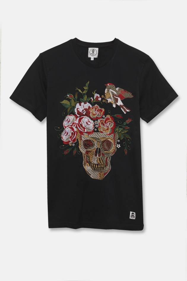 ADULT´S EMBROIDERED T-SHIRT SKULL AND BIRD IN BLACK