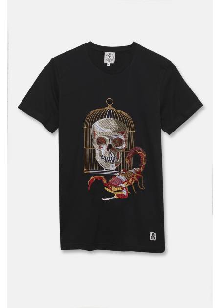ADULT´S EMBROIDERED T-SHIRT SKULL IN A CAGE IN BLACK